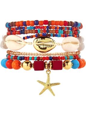 Anthropologie Multicolor Beaded Shell & Starfish Bracelet Stack